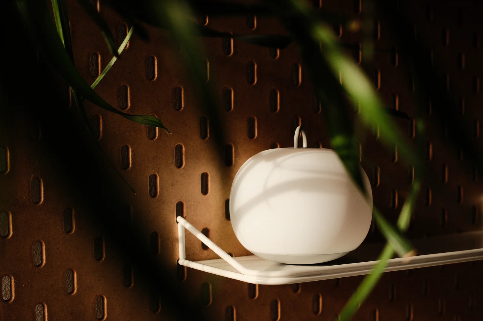 A round white portable lamp with a small handle sits on a white wire shelf against a brown pegboard wall, with blurred green leaves and warm shadows in front.